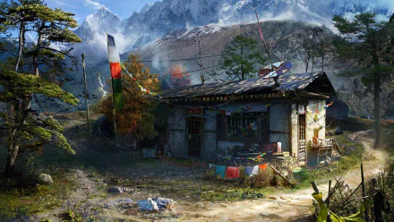 HD PC desktop wallpaper featuring a scenic mountainous landscape with a rustic house and prayer flags from the video game Far Cry 4.