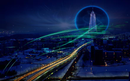 2K Quad HD PC desktop wallpaper: time-lapse, man-made cityscape at night with neon light trails along highways converging on a haloed skyscraper.