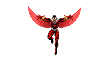A dynamic image of Falcon from Marvel Comics, showcasing his iconic red and white costume and impressive wings, designed as a high-definition desktop wallpaper.