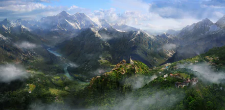 A stunning HD wallpaper and background featuring a lush mountainous landscape from the video game Far Cry 4. The image showcases misty peaks, winding rivers, and scattered villages.