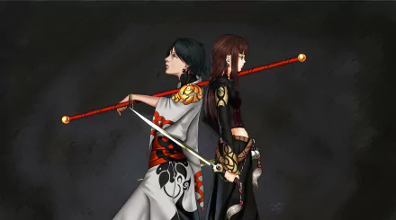 Anime original 2K Quad HD PC desktop wallpaper: two back-to-back characters wielding ornate red polearms, one in a white kimono with floral accents, the other in dark armor against a smoky backdrop.