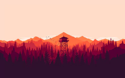 HD PC desktop wallpaper featuring a stylized forest fire lookout tower against vibrant orange and red mountains from the video game Firewatch.