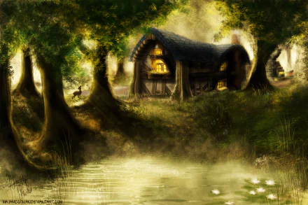 A fairy tale scene in Elwynn Forest features a charming inn by Crystal Lake, surrounded by trees, sunbeams, and water lilies, with a deer grazing nearby.