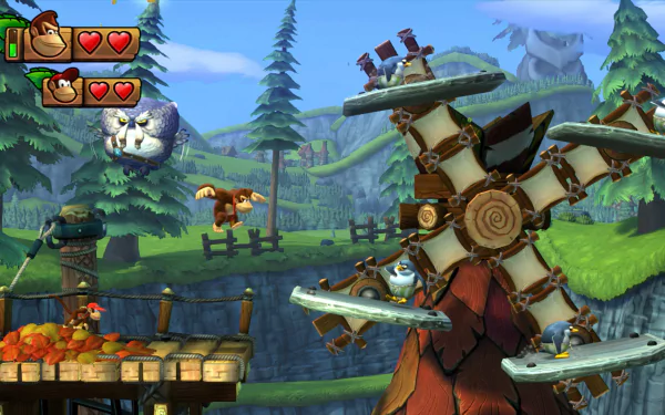 HD wallpaper from Donkey Kong Country: Tropical Freeze featuring the iconic characters on an adventurous level with lush forest background.