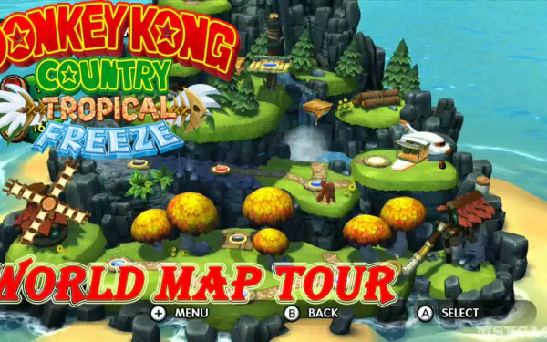 HD desktop wallpaper of Donkey Kong Country: Tropical Freeze featuring the vibrant in-game world map tour screen.