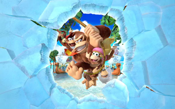 HD wallpaper of Donkey Kong and characters breaking through ice from Donkey Kong Country: Tropical Freeze.