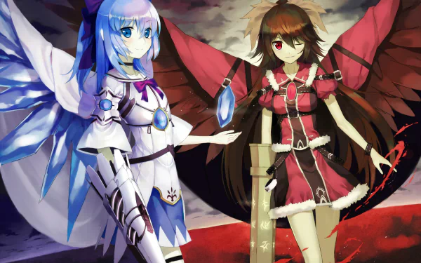 HD anime desktop wallpaper featuring Utsuho Reiuji and Cirno from Touhou, showcasing vibrant colors and detailed character designs against a dynamic background.