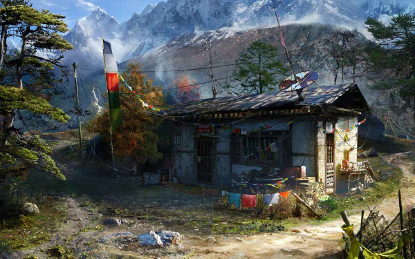 HD PC desktop wallpaper featuring a scenic mountainous landscape with a rustic house and prayer flags from the video game Far Cry 4.
