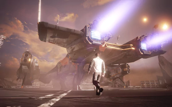 4K Ultra HD PC desktop wallpaper from the video game Transverse, featuring a character walking toward a futuristic spaceship with glowing thrusters at sunset.