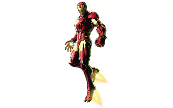 8K Ultra HD comic-style Iron Man in dynamic pose with glowing repulsors, set against a clean white background for a striking PC desktop wallpaper.