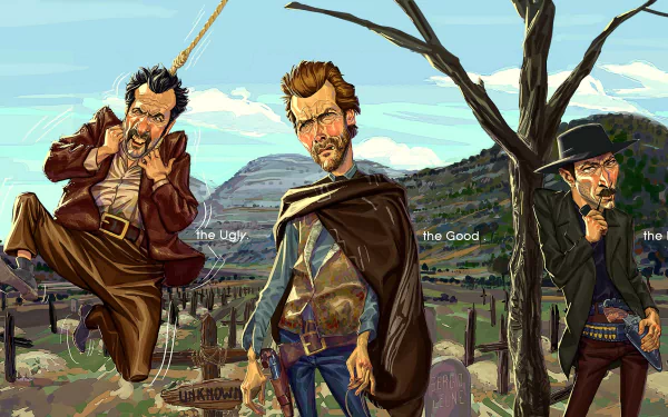 HD desktop wallpaper featuring stylized artwork from The Good, the Bad and the Ugly, with characters depicted in a dynamic Western scene.
