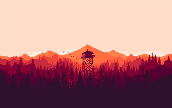 HD PC desktop wallpaper featuring a stylized forest fire lookout tower against vibrant orange and red mountains from the video game Firewatch.