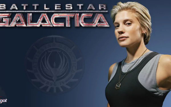 HD desktop wallpaper featuring Kara Thrace from Battlestar Galactica (2003), with the series logo in the background.