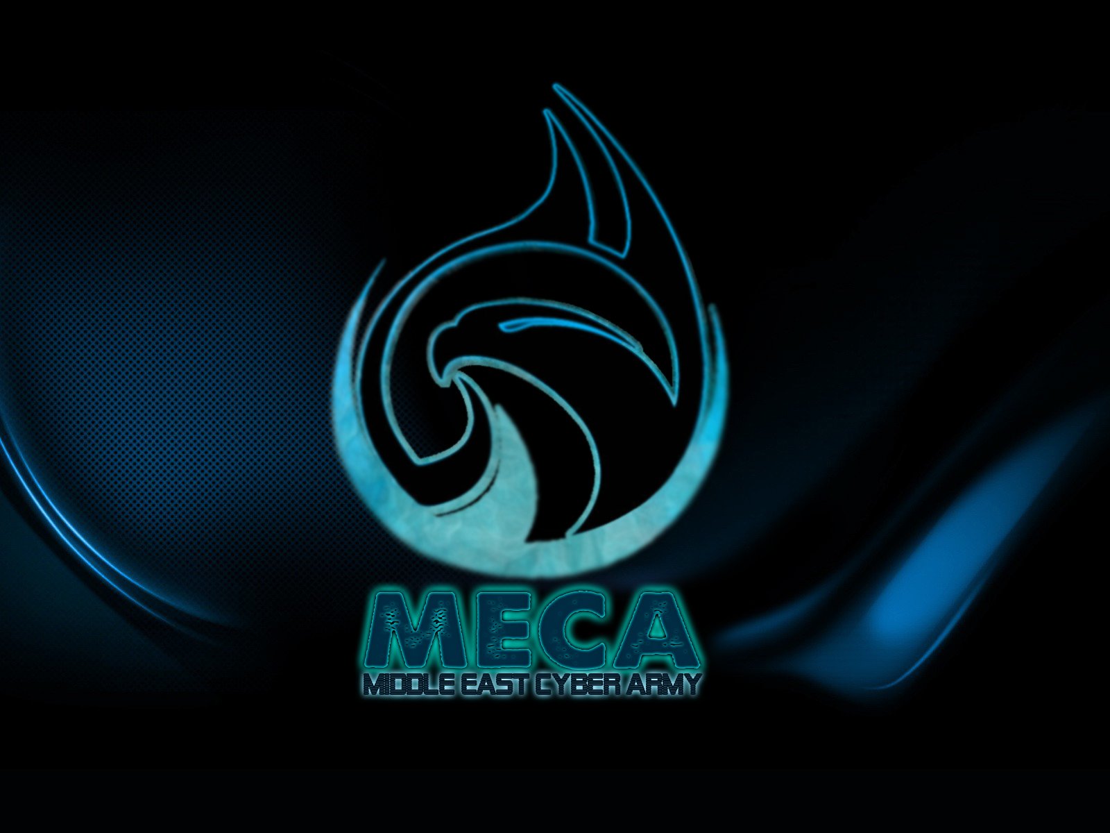 HD PC desktop wallpaper: teal-blue cyber swirl logo above MECA with Middle East Cyber Army tagline on a dark, tech-inspired hacker background.