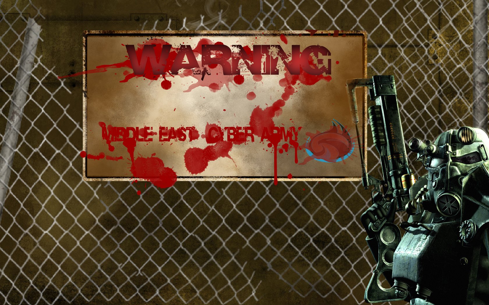 HD PC desktop wallpaper featuring a detailed hacker-themed scene with a blood-splattered warning sign behind a wire fence and a figure in futuristic armor.