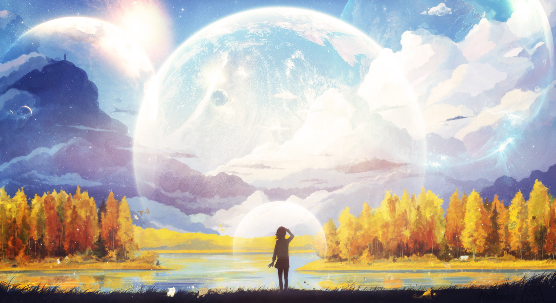 Anime-style HD desktop wallpaper featuring a silhouette of a person under an immense, ethereal moon, set against a vibrant landscape of autumnal trees and a reflective lake.