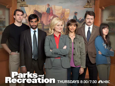 HD desktop wallpaper featuring cast members of Parks and Recreation with a show-themed backdrop.