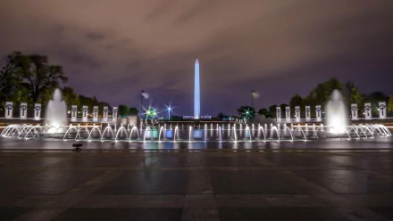 Night scene of the man-made Washington Monument framed by illuminated reflecting pools and fountains — 4K Ultra HD PC Desktop Wallpaper and Background.