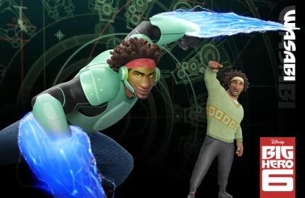 HD wallpaper featuring Wasabi from Big Hero 6 in action with his plasma blades, against a tech-inspired background.