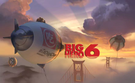 HD desktop wallpaper of Big Hero 6 with characters' silhouettes and Golden Gate Bridge in a sunset-tinted sky with floating balloons.