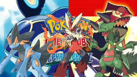 HD wallpaper of Pokémon Omega Ruby and Alpha Sapphire featuring Mega Evolved Swampert, Blaziken, Sceptile, Groudon, and Kyogre.