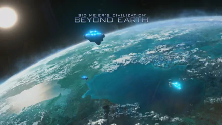 HD desktop wallpaper of Civilization: Beyond Earth with hovering spacecrafts over Earth's atmosphere.