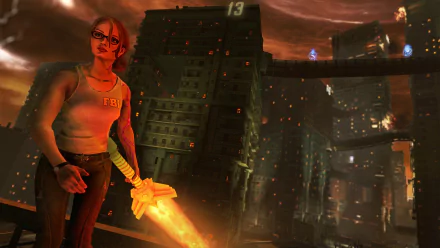 HD PC desktop wallpaper from the video game Saints Row: Gat Out Of Hell, featuring a character wielding a fiery weapon against a dark, fiery cityscape background.
