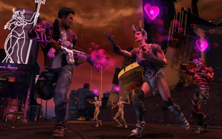 HD PC desktop wallpaper from the video game Saints Row: Gat Out Of Hell, featuring characters in a fiery urban setting with glowing heart effects and neon signs.