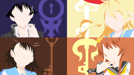 HD wallpaper featuring characters Raku Ichijō, Marika Tachibana, Kosaki Onodera, and Chitoge Kirisaki from the anime Nisekoi, arranged in a colorful, stylized design.