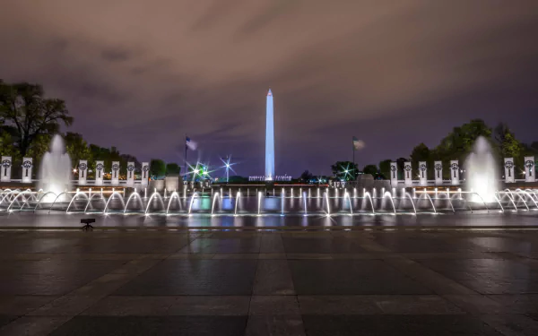 Night scene of the man-made Washington Monument framed by illuminated reflecting pools and fountains — 4K Ultra HD PC Desktop Wallpaper and Background.