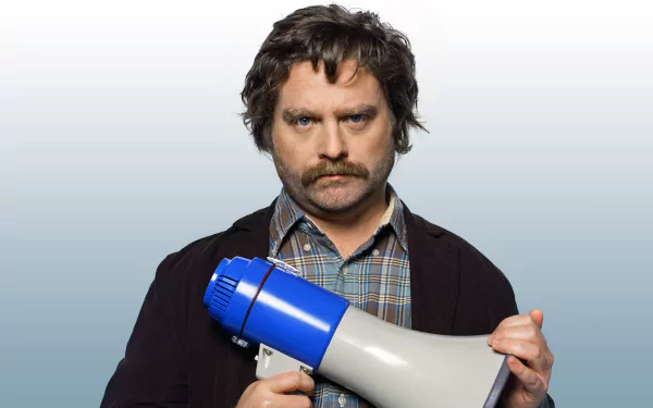 HD desktop wallpaper featuring a man with a stern expression holding a blue and white megaphone, set against a plain background.