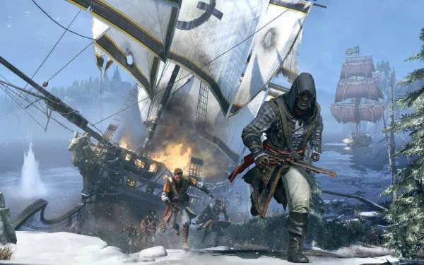 HD PC desktop wallpaper from the video game Assassin's Creed: Rogue, showcasing a hooded character running away from a burning ship in a naval battle.