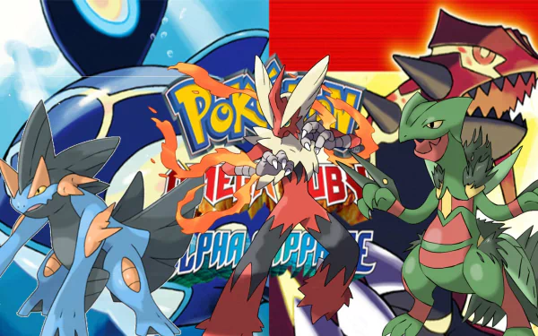 HD wallpaper of Pokémon Omega Ruby and Alpha Sapphire featuring Mega Evolved Swampert, Blaziken, Sceptile, Groudon, and Kyogre.