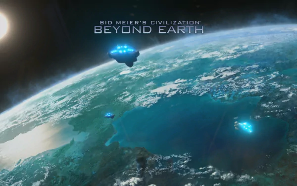 HD desktop wallpaper of Civilization: Beyond Earth with hovering spacecrafts over Earth's atmosphere.