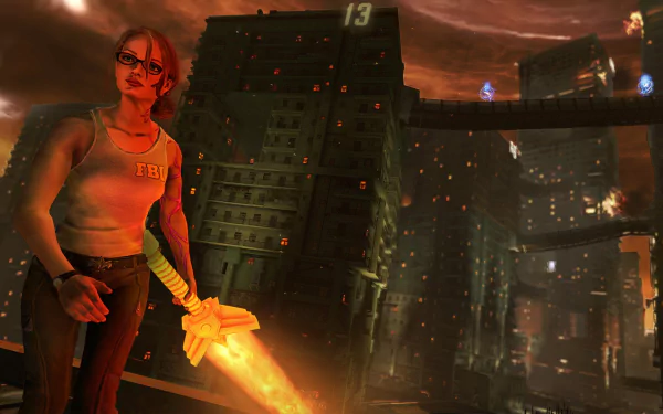 HD PC desktop wallpaper from the video game Saints Row: Gat Out Of Hell, featuring a character wielding a fiery weapon against a dark, fiery cityscape background.