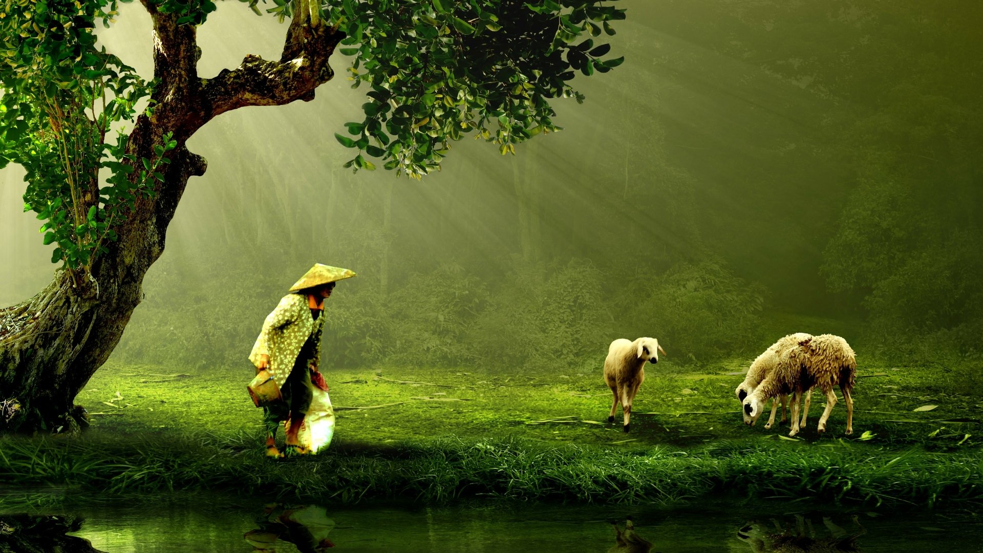 4K Ultra HD PC desktop wallpaper: a misty riverside pasture with a figure in a conical hat walking beneath a leafy tree as two sheep graze in sunlit green grass.