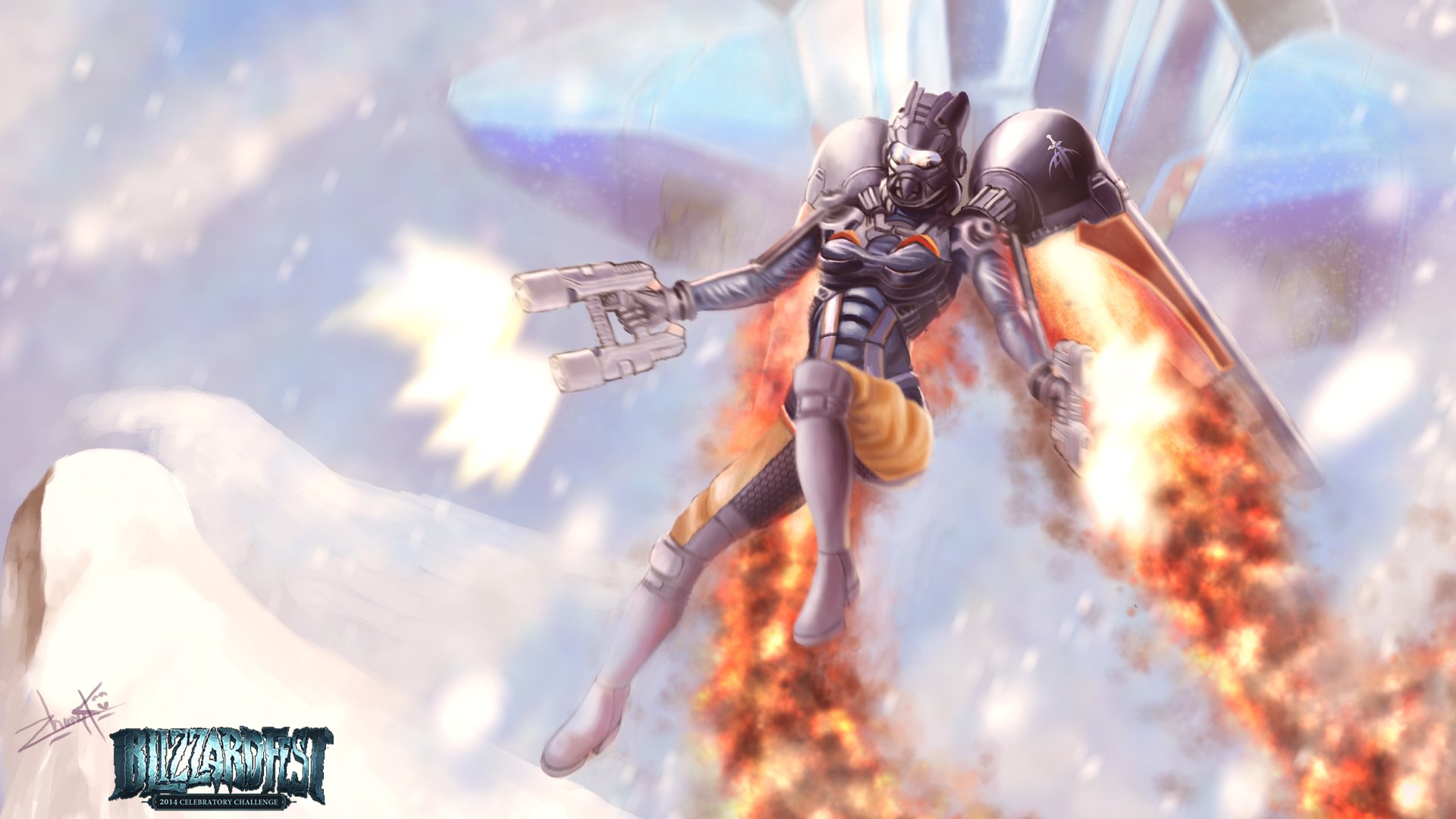 StarCraft video game HD PC desktop wallpaper and background: armored jetpack warrior fires twin pistols, leaving fiery trails against a bright, cloud-filled sky.