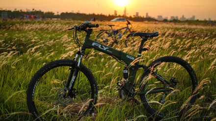 A mountain bicycle rests in a grassy field, illuminated by a stunning sunset, with a city skyline in the background. An HD desktop wallpaper showcasing vehicles and nature.