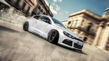 4K Ultra HD wallpaper of a sleek white Volkswagen Scirocco speeding through a historic city street, showcasing dynamic motion and modern automotive design.