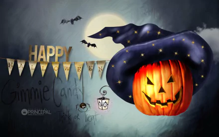 A vibrant Halloween-themed desktop wallpaper featuring a grinning jack-o'-lantern wearing a witch's hat, bats, and festive decorations, celebrating the spooky holiday spirit.