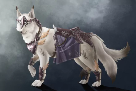 A majestic wolf adorned in intricate armor stands proudly against a misty backdrop, capturing the essence of fantasy. This stunning image serves as a captivating HD desktop wallpaper.