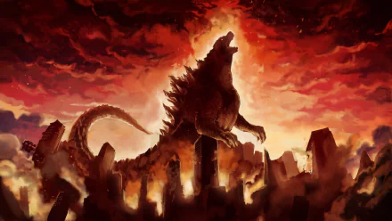 A dramatic scene featuring Godzilla from the 2014 movie, towering against a fiery sky and crumbling cityscape, making for an impactful HD desktop wallpaper.