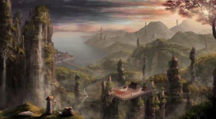 A detailed fantasy landscape with towering rock formations, misty mountains, and a distant coastline under a dramatic sky, captured in HD for a PC desktop wallpaper.