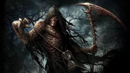 A dark and atmospheric HD wallpaper featuring the Grim Reaper, showcasing intricate details with a skeletal figure, scythe, and an eerie background of twisted trees.