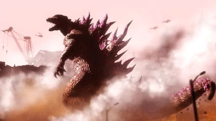 HD desktop wallpaper featuring Godzilla, surrounded by smoke and debris, with a pink-tinted sky in the background.