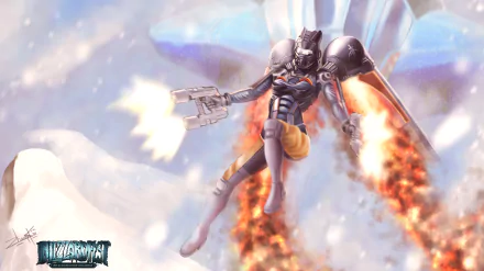 StarCraft video game HD PC desktop wallpaper and background: armored jetpack warrior fires twin pistols, leaving fiery trails against a bright, cloud-filled sky.