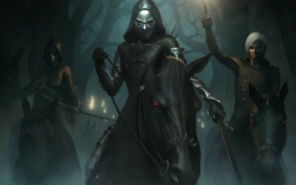 A dark fantasy warrior wearing a mask rides a black horse holding a torch, accompanied by archers wielding swords, set in a shadowy forest backdrop.