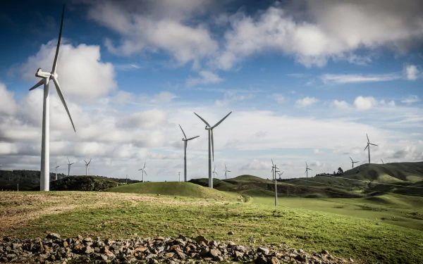A scenic view of wind turbines on rolling green hills under a dynamic sky, captured as a high-definition desktop wallpaper background showcasing sustainable energy.