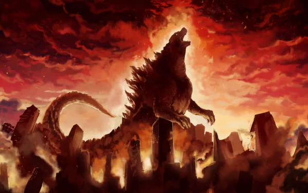 A dramatic scene featuring Godzilla from the 2014 movie, towering against a fiery sky and crumbling cityscape, making for an impactful HD desktop wallpaper.