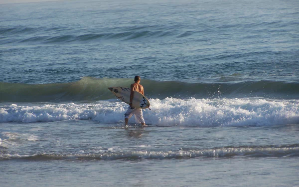 Surfer carrying a surfboard walks into ocean waves, captured in an HD desktop wallpaper showcasing surfing and ocean sports action.